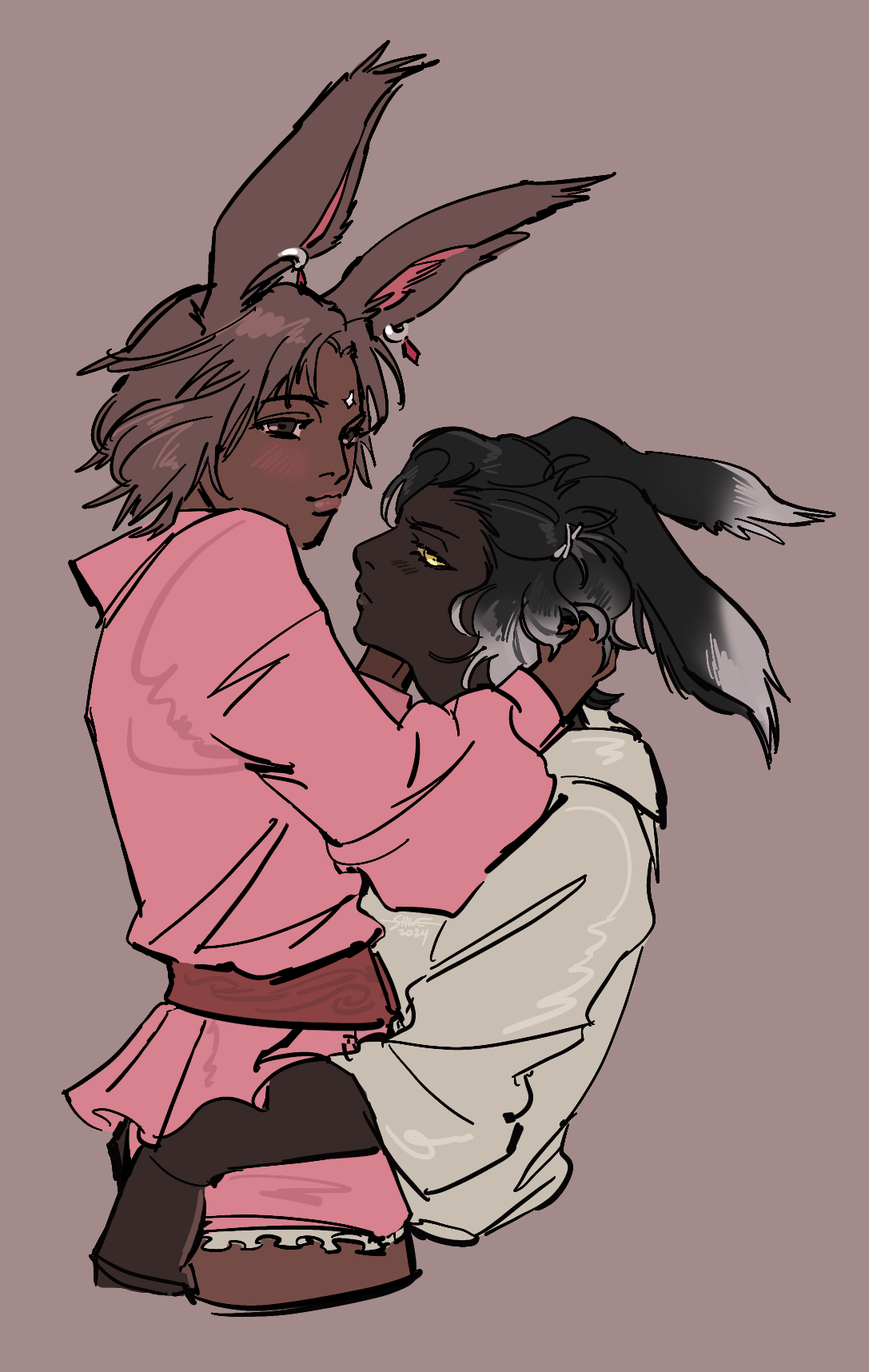 a drawing of meade and erenville. they are holding each other, and she smiles while he looks a bit grumpy.